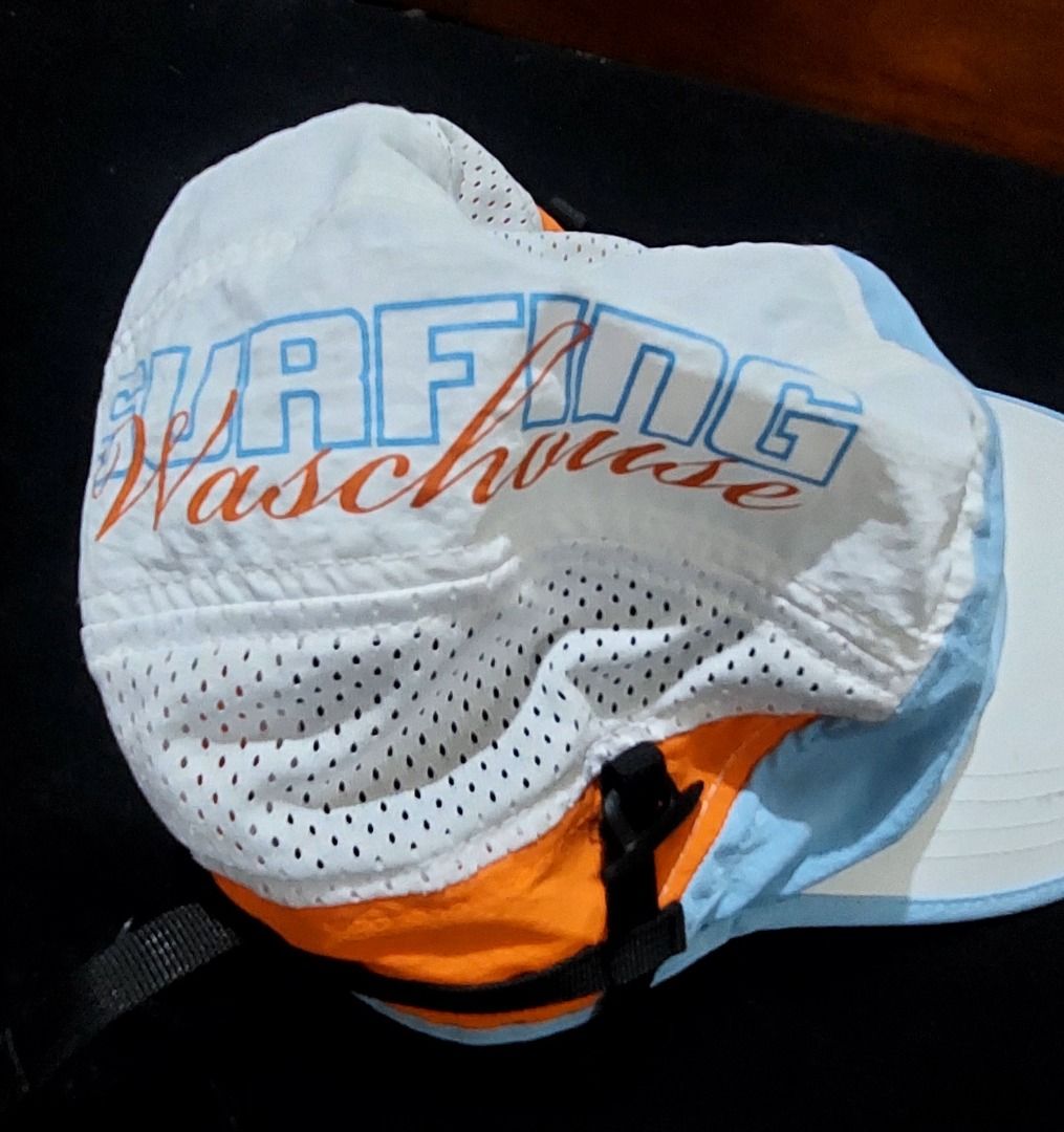 Wasc House Surfing Nylon Cap (Category: Caps & Hats) located in Legazpi City. Submitted by street_uniform (Listing ID 1470029214, Image 2). Description: - Brand/Model: Wasc House Surfing nylon cap - Colorway: White, light blue, and orange - Material: 100% nylon - Size: Free size (adjustable back strap) - Details: Side mesh panels, front embroidered logo, and printed side lettering - Condition: Clean inside and out, ready to wear.