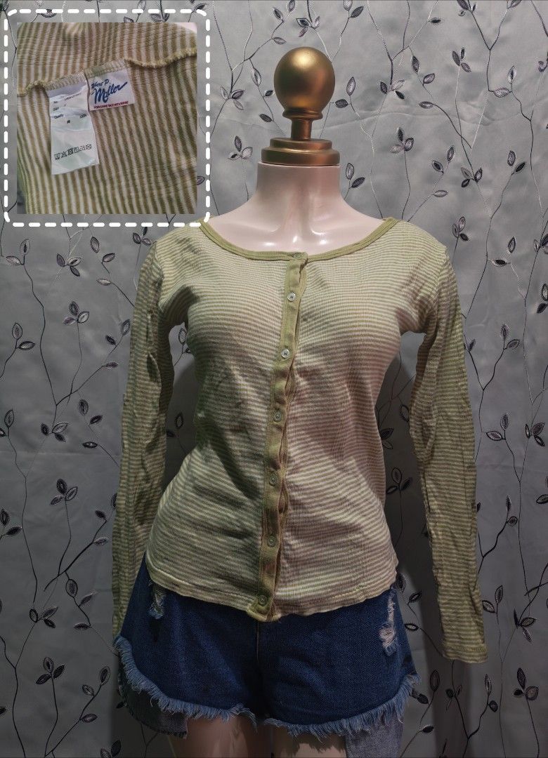 West P Miller Green Striped Button Cardigan (Category: Coats, Jackets and Outerwear) located in Caloocan City. Submitted by _misskaye (Listing ID 1470043236, Image 1). Description: - Brand: West P Miller - Style: Green & white striped button-down cardigan with a classic vintage aesthetic - Details: Long sleeves, scoop neckline, matching tone buttons, and lightweight ribbed texture - Versatility: Perfect for easy layering over denim shorts or jean