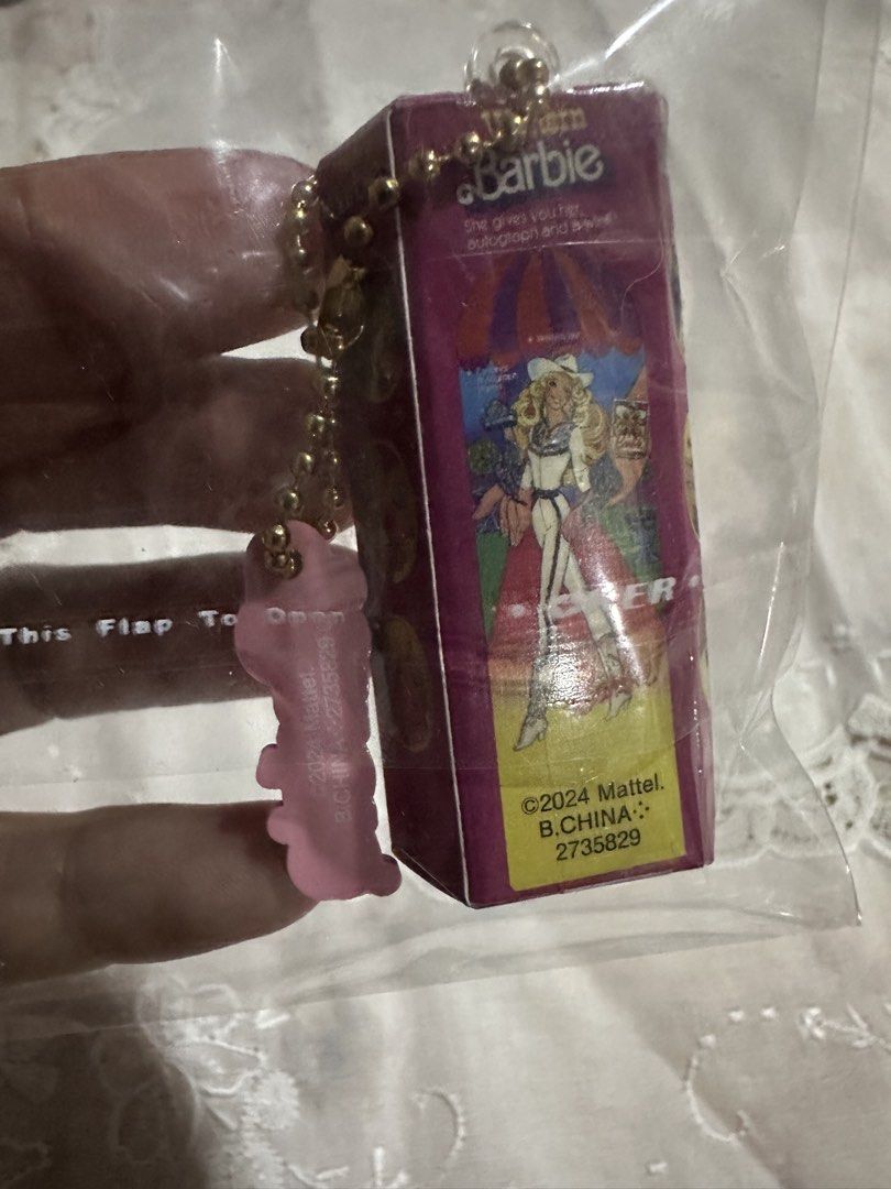 Western Barbie Package Miniature Charm (Category: Character Goods) located in Davao. Submitted by favoritepreloved (Listing ID 1470080825, Image 3). Description: 💜 a collectible gashapon toy by Bandai released to celebrate Barbie's 65th anniversary..