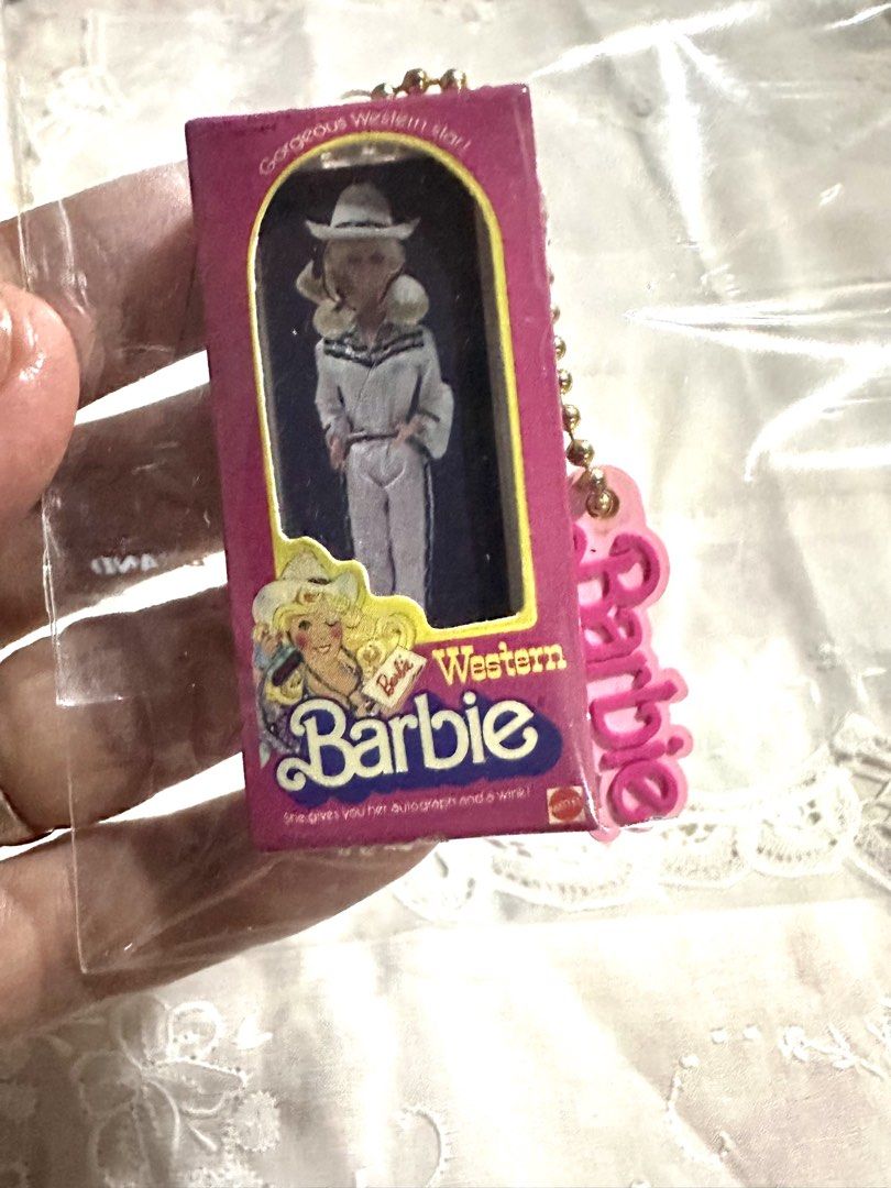 Western Barbie Package Miniature Charm (Category: Character Goods) located in Davao. Submitted by favoritepreloved (Listing ID 1470080825, Image 1). Description: 💜 a collectible gashapon toy by Bandai released to celebrate Barbie's 65th anniversary..