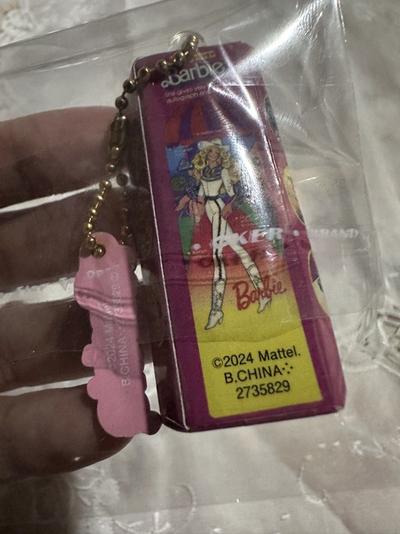 Western Barbie Package Miniature Charm (Category: Character Goods) located in Davao. Submitted by favoritepreloved (Listing ID 1470080825, Image 2). Description: 💜 a collectible gashapon toy by Bandai released to celebrate Barbie's 65th anniversary..