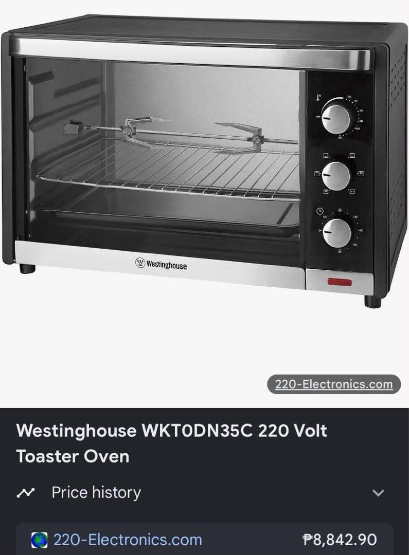 Westinghouse Stainless Steel Oven (Category: Ovens & Toasters) located in Marikina City. Submitted by senandash (Listing ID 1470122272, Image 2). Description: Westinghouse WKT0DN35C Toaster Oven 35L ₱4,000 • With wire rack and tray • Unused rotisserie fork, rod, and lifter • Free oven thermometer • Free cupcake pan Can add more freebies if will also get the stand mixer.