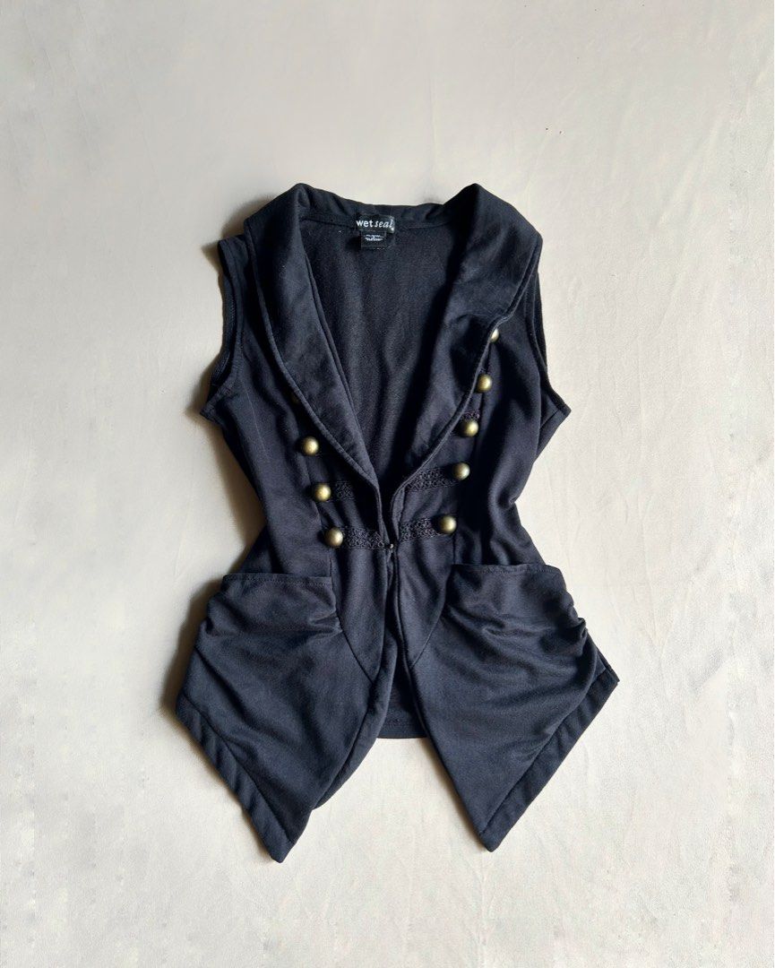 Wet Seal Buttoned Napoleon Vest Top (Category: Sleeveless) located in Los Banos. Submitted by hotlinevintage777 (Listing ID 1470126217, Image 2). Description: — size: s on tag, s to m — issue: minimal reddish bleach stains.