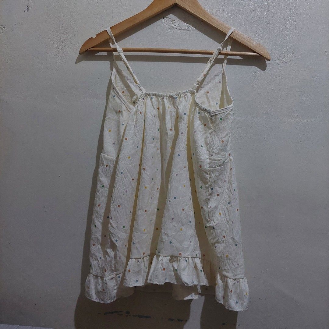 White Multi-colored Polka Dot Camisole Top (Category: Sleeveless) located in Governor Generoso. Submitted by cma_rarefitph (Listing ID 1470009246, Image 2). Description: Flatlay Width-16 inches Length-25 inches (can be adjusted) Style: White camisole with multi-colored polka dots - Details: Lace trim neckline and playful tiered ruffled design - Straps: Adjustable spaghetti straps for a custom fit - Fit: Lightweight, airy fabric with a relaxed sil