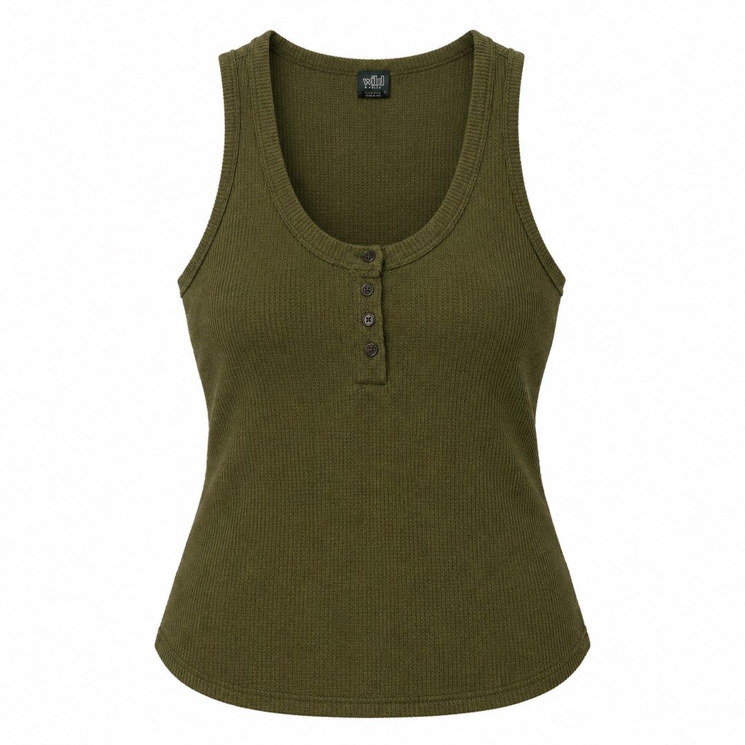 Wild Fable Olive Green Button Front Tank Top Size S (Category: Sleeveless) located in San Ildefonso. Submitted by rgdeclutters (Listing ID 1470009991, Image 1). Description: L - 19" W - 14".