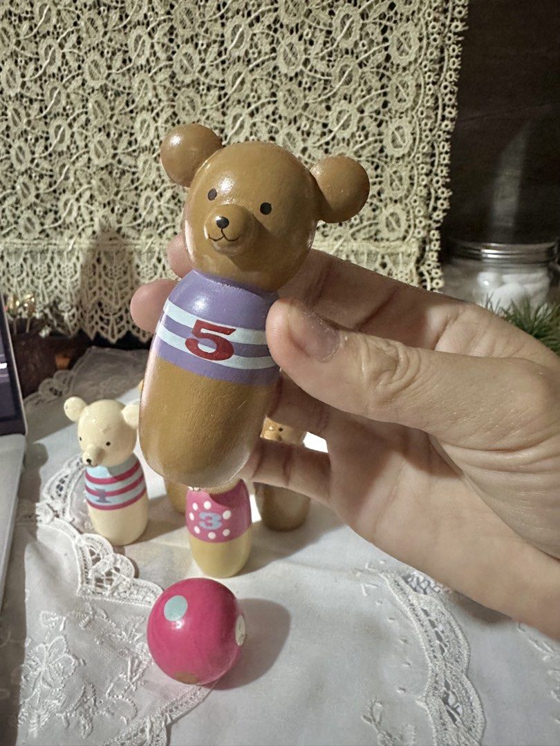 Wooden bear bowling toy (Category: Interactive Toys) located in Davao. Submitted by favoritepreloved (Listing ID 1470030569, Image 3). Description: 💜 Approximately 8cm height.