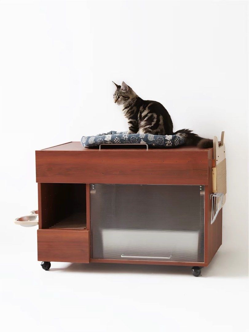Wooden Cat Litter Box Enclosure Cabinet with Wheels, Furniture & Home ...