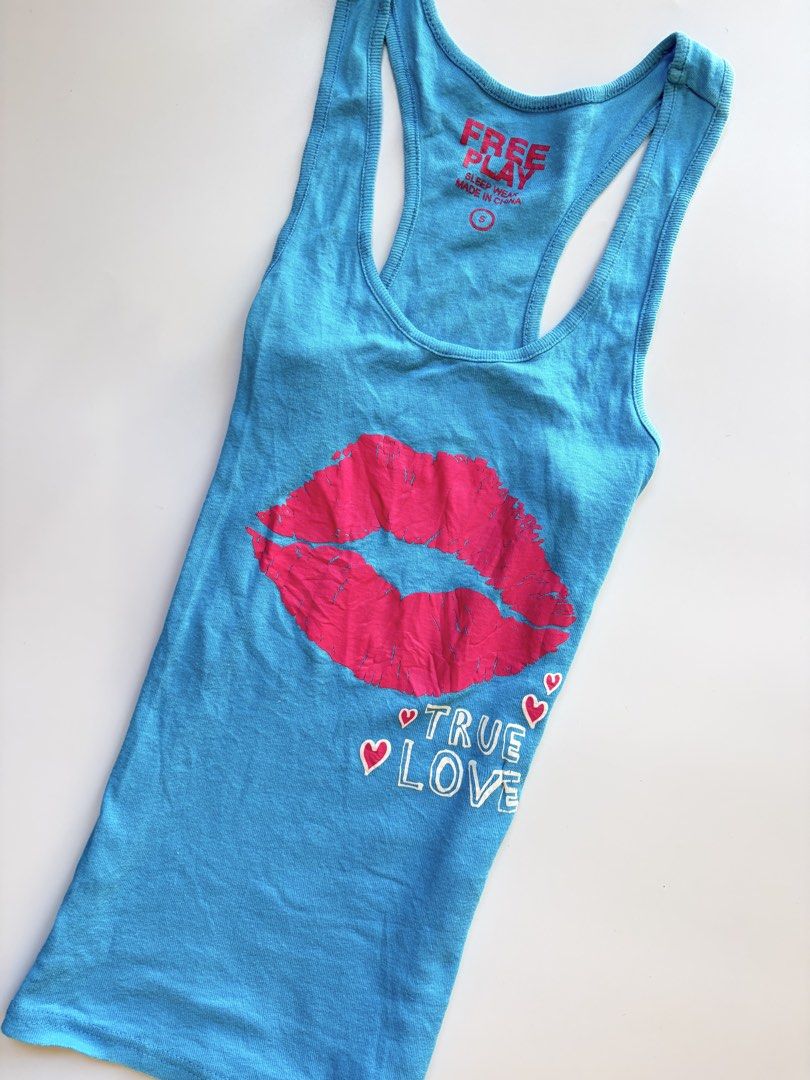 y2k teal kiss sando top (Category: Sleeveless) located in Tarlac. Submitted by pearl_xoxo (Listing ID 1470103292, Image 2). Description: - y2k teal kiss sando top bust: 12” waist: 12” length: 24” size: xs-m issue: needwash brand: free play .
