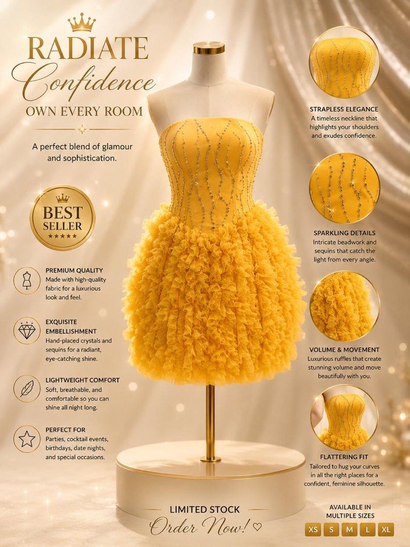 Yellow ruffle cocktail (Category: Evening dresses & gowns) located in Muntinlupa City. Submitted by starofallnight (Listing ID 1470123209, Image 1). Description: 💛✨ **SHE DIDN'T COME TO BLEND IN. SHE CAME TO BE REMEMBERED.** ✨💛 Imagine walking into your next event wearing THIS. 👑 That gorgeous yellow feather-detail gown? The statement piece. The conversation starter. The outfit that makes you feel like the main character before you even enter 