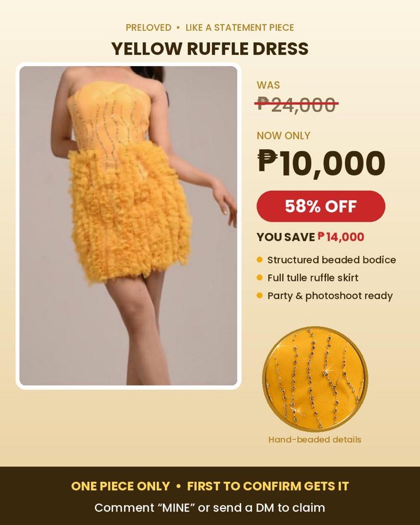 Yellow ruffle cocktail (Category: Evening dresses & gowns) located in Muntinlupa City. Submitted by starofallnight (Listing ID 1470123209, Image 2). Description: 💛✨ **SHE DIDN'T COME TO BLEND IN. SHE CAME TO BE REMEMBERED.** ✨💛 Imagine walking into your next event wearing THIS. 👑 That gorgeous yellow feather-detail gown? The statement piece. The conversation starter. The outfit that makes you feel like the main character before you even enter 