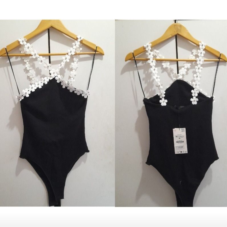 Zara Black Floral Strap Bodysuit (Category: Sleeveless) located in Manila. Submitted by prelovedgossipgirl (Listing ID 1470059332, Image 1). Description: - LAST PRICE ALREADY -never worn - Condition: with original tag Loc: Batangas MOP: GCASH MOD: JNT (shipping shouldered by buyer).