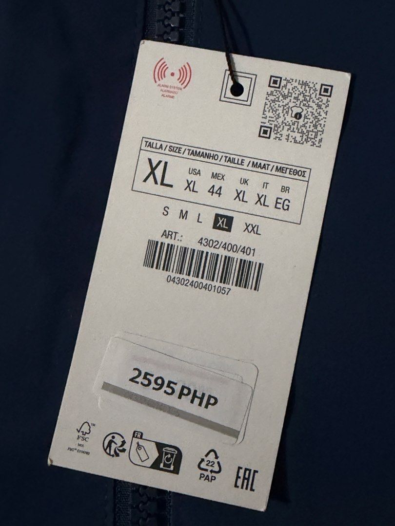 Zara Blue Bomber Jacket XL (Category: Coats, Jackets and Outerwear) located in Makati City. Submitted by joyjoytee (Listing ID 1470056291, Image 2). Description: - Brand: Zara - Style: Bomber jacket - Color: Blue - Size: XL (fits true to size) - Condition: Brand new with original tags, never worn - Features: Zip-up front, ribbed collar, cuffs, and hem, two side pockets - Origin: Made in Bangladesh.