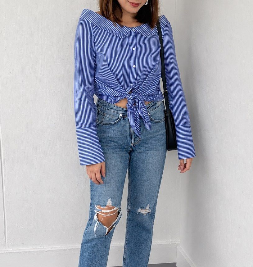 Zara Blue White Striped Off Shoulder Blouse (Category: Blouses) located in Calamba. Submitted by cheriiv (Listing ID 1469952869, Image 1). Description: Small stain on sleeve, see last photo.