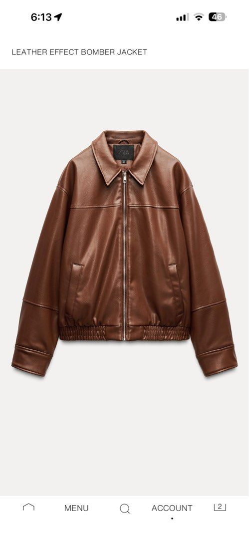 Zara Brown Leather Effect Bomber Jacket (Category: Coats, Jackets and Outerwear) located in Tuguegarao City. Submitted by bplacjoan30338 (Listing ID 1470050479, Image 1). Description: - Brand/Style: Zara leather effect bomber jacket - Color: Rich brown - Features: Classic collar, front zipper closure, ribbed hem, and side welt pockets - Details: Paneled sleeve design with button cuffs and a smooth finish - Fit/Use: Great everyday layering piece f