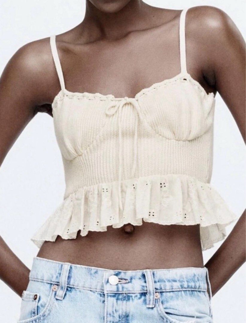 Zara cream knit top with ruffles (Category: Sleeveless) located in Manila. Submitted by livvy.edit (Listing ID 1469991526, Image 1). Description: Condition: Like New RFS: decluttering 📦 Can do shipping (buyer shoulders fee).