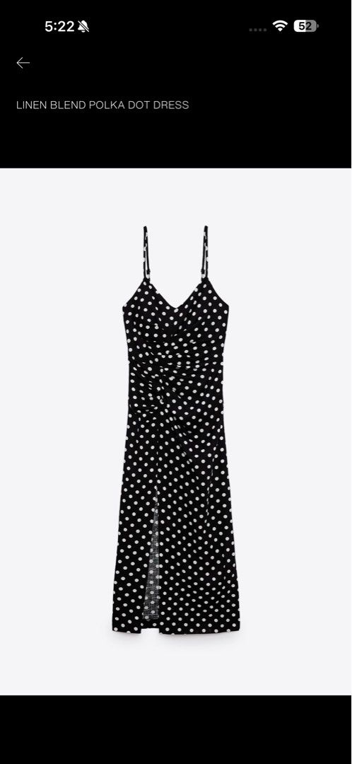 Zara Linen Blend Polka Dot Dress (Category: Dresses) located in Pasay City. Submitted by gold1001 (Listing ID 1470041441, Image 2). Description: - Style: Black & white polka dot midi dress - Material: Lightweight linen blend, perfect for warm weather - Design: V-neckline, thin adjustable straps, and ruched front detailing - Details: Chic front slit near the hem .