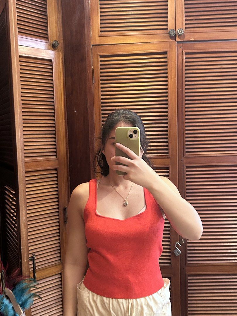 Zara Red Ribbed Knit Tank Top (Category: Sleeveless) located in Cebu City. Submitted by shopmikascloset (Listing ID 1469955285, Image 2). Description: - Brand: Zara - Size: M - Color: Bright poppy red - Material: Stretchy ribbed knit - Design: Square neckline with subtle sweetheart dip, thick straps - Condition: Great shape, worn a couple of times, no flaws.