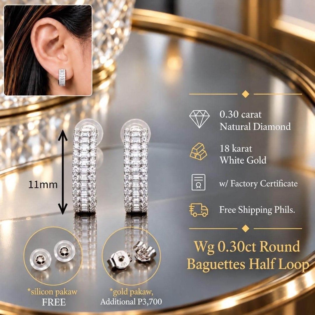 0.30ct Round Baguettes Half Loop Diamond Earrings 18k Gold (Category: Earrings) located in Quezon City. Submitted by Diaholics_Jewelry (Listing ID 1470188748, Image 2). Description: - Total Weight: 0.30 carat natural diamonds - Design: 11mm half loop - Material: 18 karat gold - Inclusion: Factory certificate and free silicon pakaw - Optional: Upgrade to gold pakaw for +P3,700 - Guaranteed authentic and brand new - DM for inquiries or to order.