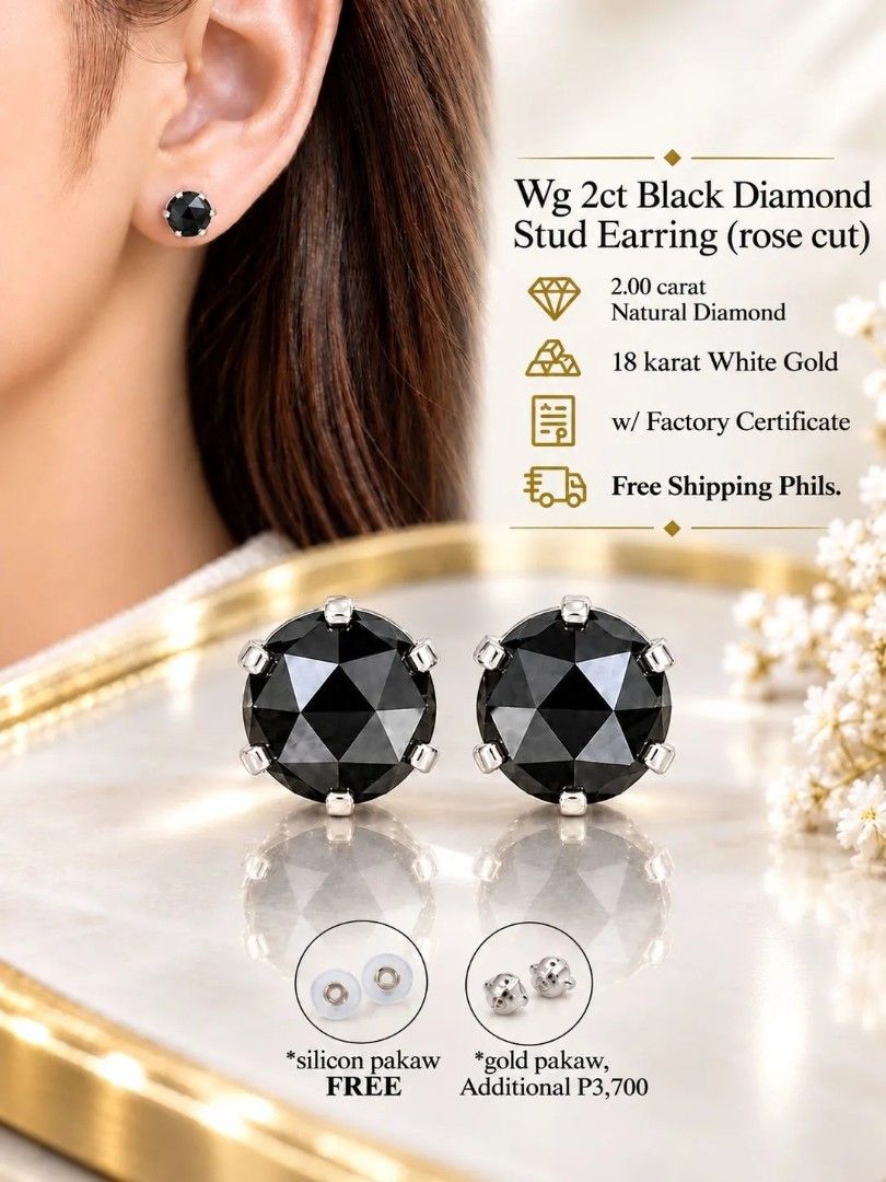 2ct Black Diamond Stud Earring Rose Cut White Yellow Gold (Category: Earrings) located in Quezon City. Submitted by Diaholics_Jewelry (Listing ID 1470197604, Image 1). Description: - Total Carat Weight: 2.00 carats of natural black diamonds - Cut: Rose-cut round stones - Metal Options: 18 Karat White Gold or Yellow Gold - Inclusions: Factory certificate included - Backings: Free silicon backings included (solid gold backings available for an extr