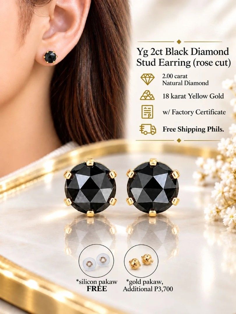2ct Black Diamond Stud Earring Rose Cut White Yellow Gold (Category: Earrings) located in Quezon City. Submitted by Diaholics_Jewelry (Listing ID 1470197604, Image 2). Description: - Total Carat Weight: 2.00 carats of natural black diamonds - Cut: Rose-cut round stones - Metal Options: 18 Karat White Gold or Yellow Gold - Inclusions: Factory certificate included - Backings: Free silicon backings included (solid gold backings available for an extr