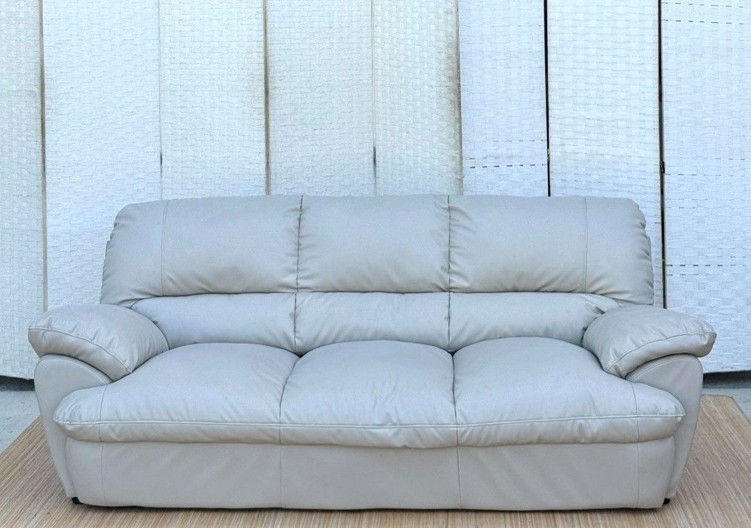 3 Seater Leather Sofa Light Grey (Category: Sofas) located in Manila. Submitted by sarahjane_016 (Listing ID 1470346471, Image 3). Description: JAPAN SURPLUS 3 SEATER NITORI LEATHER SOFA IN GOOD CONDITION SIZE: 16.5H x 75L x 34W inches.