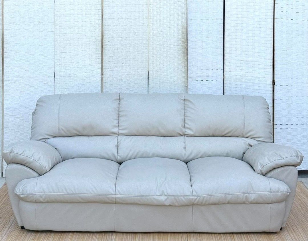 3 Seater Leather Sofa Light Grey (Category: Sofas) located in Manila. Submitted by sarahjane_016 (Listing ID 1470346471, Image 1). Description: JAPAN SURPLUS 3 SEATER NITORI LEATHER SOFA IN GOOD CONDITION SIZE: 16.5H x 75L x 34W inches.
