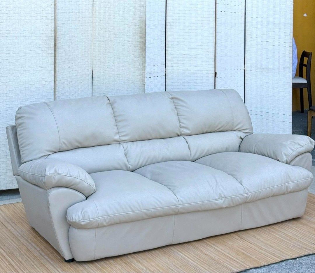 3 Seater Leather Sofa Light Grey (Category: Sofas) located in Manila. Submitted by sarahjane_016 (Listing ID 1470346471, Image 2). Description: JAPAN SURPLUS 3 SEATER NITORI LEATHER SOFA IN GOOD CONDITION SIZE: 16.5H x 75L x 34W inches.