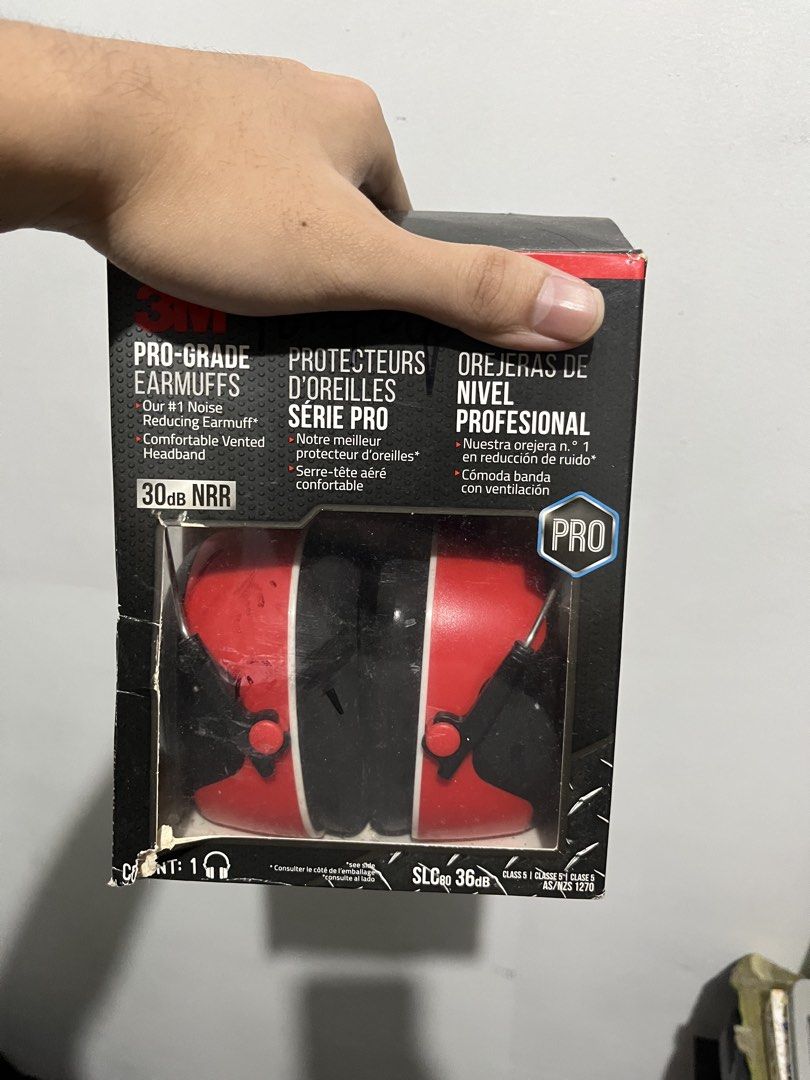 3M Pro-Grade Earmuffs Noise Reducing 30dB NRR (Category: Headphones & Headsets) located in Manila. Submitted by freecat-558be2 (Listing ID 1470254877, Image 2). Description: - Brand: 3M Pro-Grade Noise-Reducing Earmuffs - Color: Red and black - Protection Rating: 30dB NRR / SLC80 36dB - Comfort & Fit: Adjustable vented headband, steel wires with rugged overmold design, premium cushioning, and pivoting cups - Condition: Brand new, unopened inside;