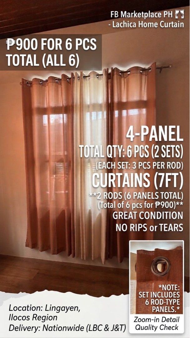 4-Panel 7ft Curtains 6 pcs total 2 sets (Category: Curtains & Blinds) located in Manila. Submitted by razalic (Listing ID 1470210922, Image 1). Description: - Total Quantity: 6 panels split into 2 sets (3 pieces per rod) - Length: 7 feet long per panel - Type: Rod-type panels with eyelets - Color: Brown and beige tones - Package: Includes all 6 panels.
