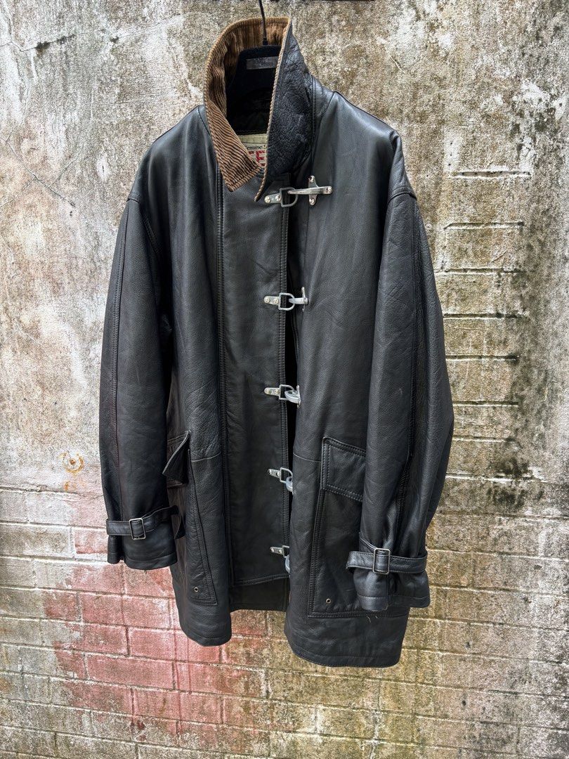90s Steins Fireman Leather Coat (Category: Coats, Jackets and Outerwear) located in Baguio. Submitted by thecollector2600 (Listing ID 1470192839, Image 2). Description: Pit to pit-26” Length-32” Shoulder’s-20” Sleeves-23.5”.