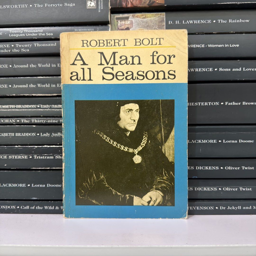 A Man for all Seasons by Robert Bolt (Category: Storybooks) located in Lingayen. Submitted by readwjane (Listing ID 1470153798, Image 1). Description: - Title: Classic play by Robert Bolt - Edition: Paperback with Sir Thomas More cover (yellow and blue design) - Condition: Clean and readable pages - Genre: Classic historical drama - Ideal for: Literature enthusiasts and bookshelf collections.