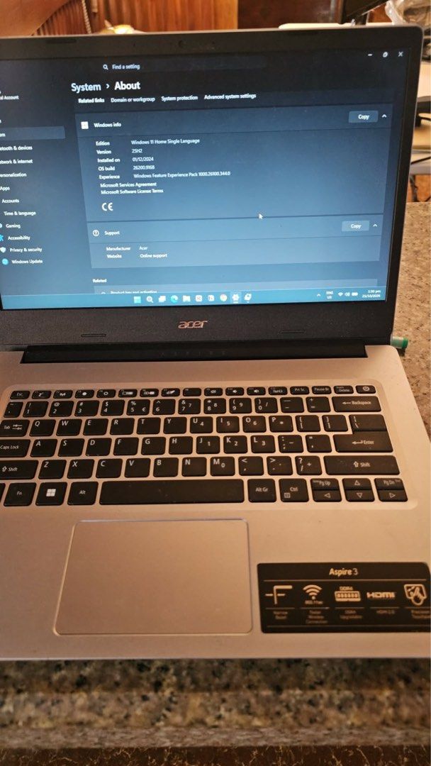 Acer Aspire 3 A314-35 Laptop Windows 11 (Category: Laptops & Notebooks) located in Baguio. Submitted by mai-shop (Listing ID 1470249684, Image 3). Description: - Model: Acer Aspire 3 Laptop - Color: Sleek Silver - OS: Windows 11 Home Single Language (licensed) - Processor: Intel Pentium Silver N6000 (1.10 GHz) - RAM: 8 GB - Storage: 256GB - Graphics: Intel UHD Graphics - Features: Standard keyboard layout, built-in trackpad, and iconic Acer lid l