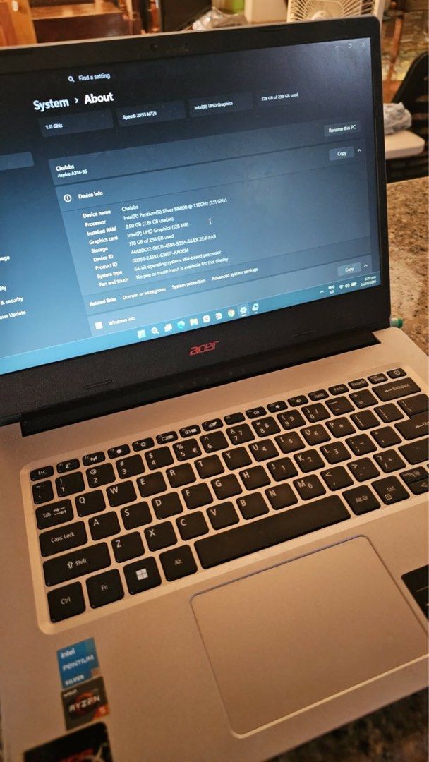 Acer Aspire 3 A314-35 Laptop Windows 11 (Category: Laptops & Notebooks) located in Baguio. Submitted by mai-shop (Listing ID 1470249684, Image 2). Description: - Model: Acer Aspire 3 Laptop - Color: Sleek Silver - OS: Windows 11 Home Single Language (licensed) - Processor: Intel Pentium Silver N6000 (1.10 GHz) - RAM: 8 GB - Storage: 256GB - Graphics: Intel UHD Graphics - Features: Standard keyboard layout, built-in trackpad, and iconic Acer lid l