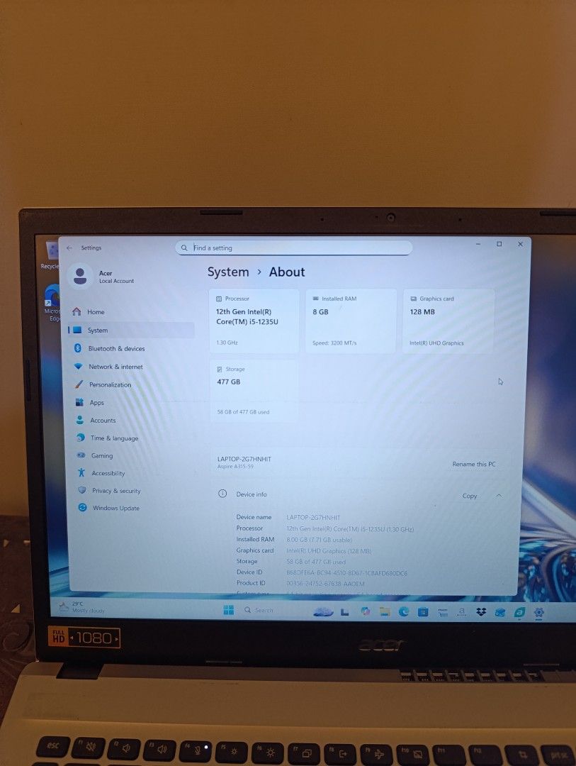 Acer i5 12th gen 512gb SSD (Category: Laptops & Notebooks) located in Muntinlupa City. Submitted by mistakyle (Listing ID 1470273829, Image 3). Description: - Model: Acer Aspire A315-59 (Silver) - Processor: 12th Gen Intel Core i5 - Memory: 8GB RAM - Storage: 512GB NVME SSD - Display: Full HD 1080p - OS: Windows 11 - Battery Health: Excellent (48,960 mWh full charge out of 53,044 mWh design capacity) - Condition: Clean keyboard deck, touchpad, an
