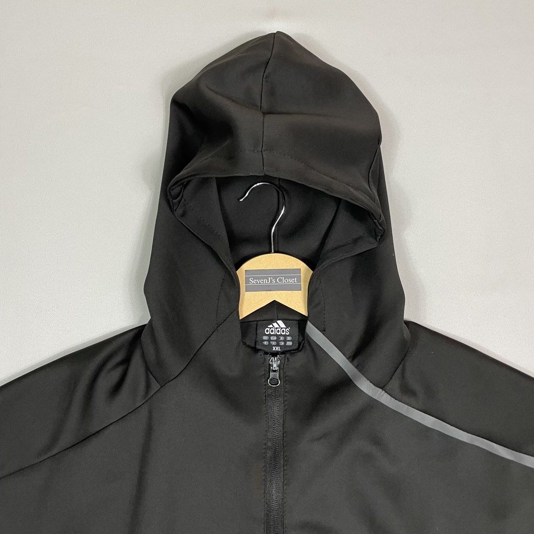 ADIDAS | Technical Track Jacket Hooded Windbreaker Black (Category: Coats, Jackets and Outerwear) located in Norzagaray. Submitted by sevenjscloset (Listing ID 1470242858, Image 2). Description: - Brand: Adidas - Type: Technical track jacket / hooded windbreaker - Color: Black with grey accent piping on the shoulder - Tag Size: XXL - Measurements: Length 25.5" | Width 21" - Model Specs: 5'10" height, 70kg - Condition: 9/10, no issues found, clean