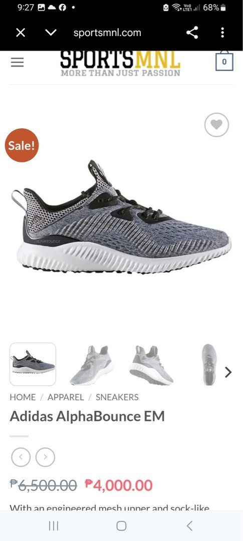 Adidas AlphaBounce EM Grey Size EU 41 (Category: Sneakers) located in Caloocan City. Submitted by Twinsters_2nd (Listing ID 1470260247, Image 2). Description: - Brand: Adidas - Model: AlphaBounce EM - Color: Grey - Size: EU 41 - Condition: Clean, no major issues - Upper: Engineered mesh with sock-like fit - Cushioning: Flexible Bounce midsole - Ideal for: Daily running or training - payment first, sh0pee checkout - loc: Camarin, Caloocan.