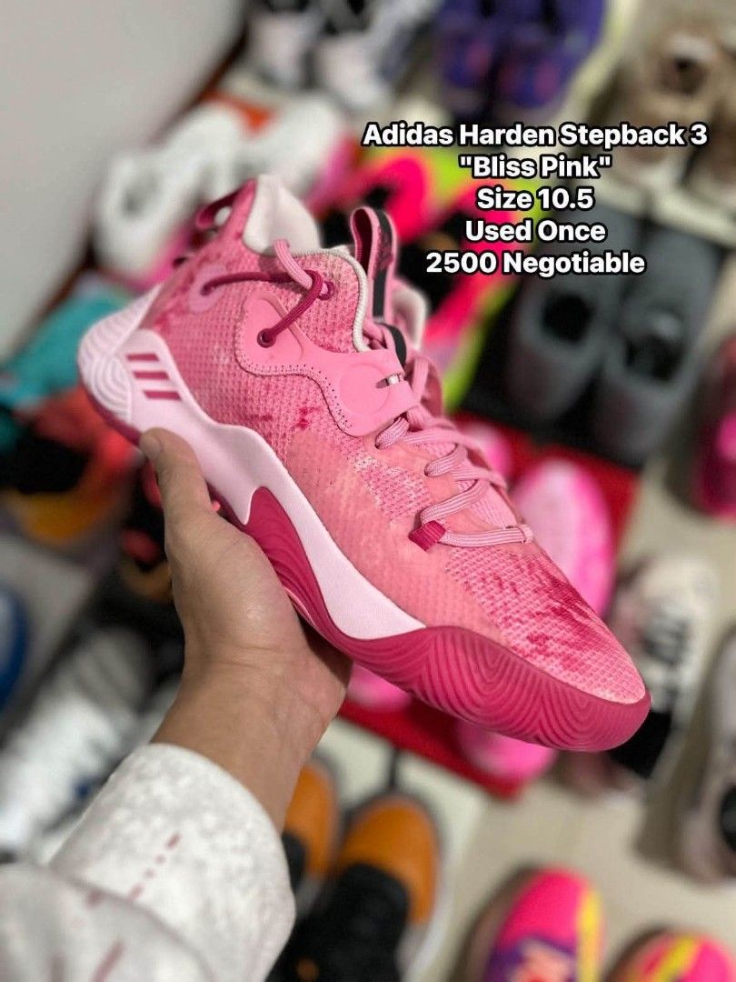 Adidas Harden Stepback 3 Bliss Pink (Category: Sneakers) located in Quezon City. Submitted by bertsonamilasolidshoes (Listing ID 1470175664, Image 1). Description: - Brand: Adidas Harden Stepback 3 - Color: Bliss Pink (Bright pink colorway) - Size: US 10.5 - Condition: Worn only once, practically clean soles - Features: Textured mesh upper, supportive lockdown straps, great court traction and grip - Price: ₱2,500 (Price is negotiable).