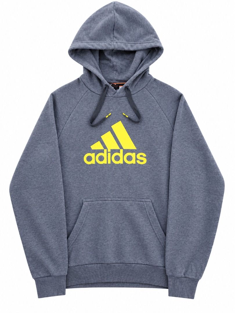 Adidas Performance Essentials Grey Yellow Hoodie Size M (Category: Hoodies) located in Caloocan City. Submitted by bobmarlou1923 (Listing ID 1470156652, Image 1). Description: - Brand: Adidas (Performance Essentials line) - Size: Medium (175/95A) - Color: Grey with striking yellow logo on the front - Material: Comfortable cotton blend with soft interior lining - Features: Adjustable drawstring hood and spacious front pouch pocket - Details: Ribbe