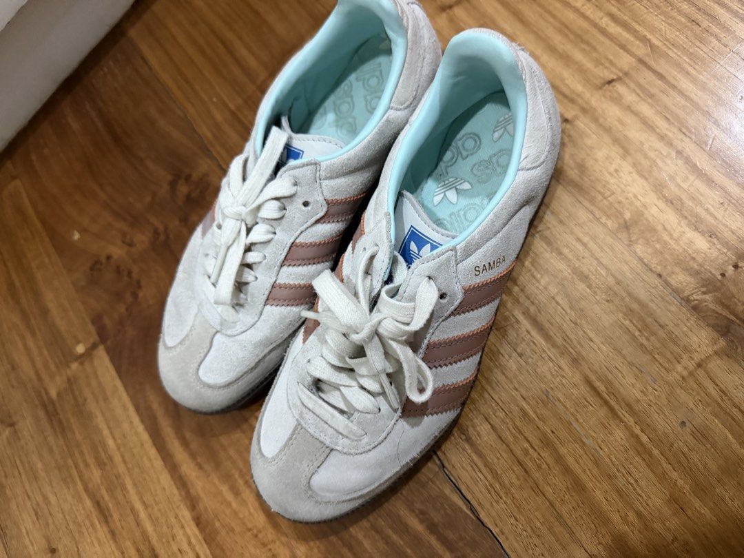 Adidas Samba (Size 5) (Category: Sneakers) located in Davao. Submitted by pamdyclutters (Listing ID 1470295930, Image 3). Description: - Brand: Adidas Samba - Colorway: Grey suede with pink stripes & light blue interior - Size: US 5 / UK 4.5 - Condition: Normal wear on soles and upper, clean insoles, functional laces - Outsole: Classic gum rubber with solid grip.