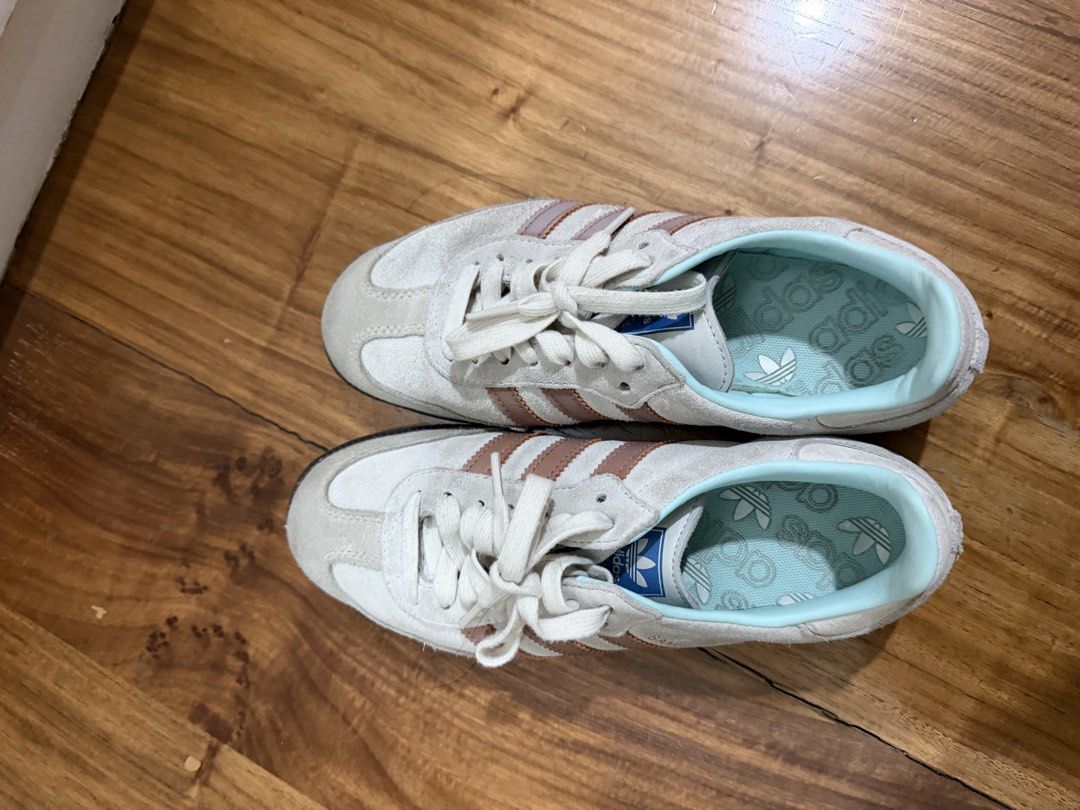 Adidas Samba (Size 5) (Category: Sneakers) located in Davao. Submitted by pamdyclutters (Listing ID 1470295930, Image 2). Description: - Brand: Adidas Samba - Colorway: Grey suede with pink stripes & light blue interior - Size: US 5 / UK 4.5 - Condition: Normal wear on soles and upper, clean insoles, functional laces - Outsole: Classic gum rubber with solid grip.