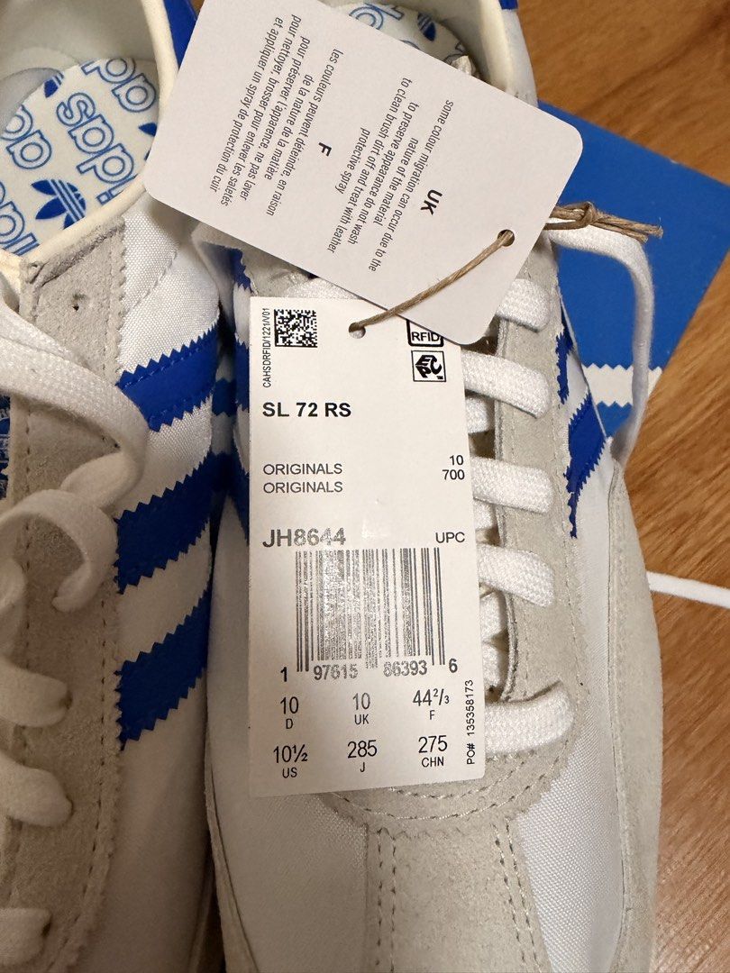 Adidas SL 72 RS White Blue (Category: Sneakers) located in Quezon City. Submitted by nrmnmcm__ (Listing ID 1470261073, Image 2). Description: - Model: Adidas Originals SL 72 RS - Color: White with blue stripes - Size: US 10.5 / UK 10 - Condition: Brand new, unworn with original tags attached - Packaging: Original blue Adidas shoebox included RFS: Decluttering Price is negotiable. Can send more pictures and videos upon request. MOP: Gcash or BPI. 