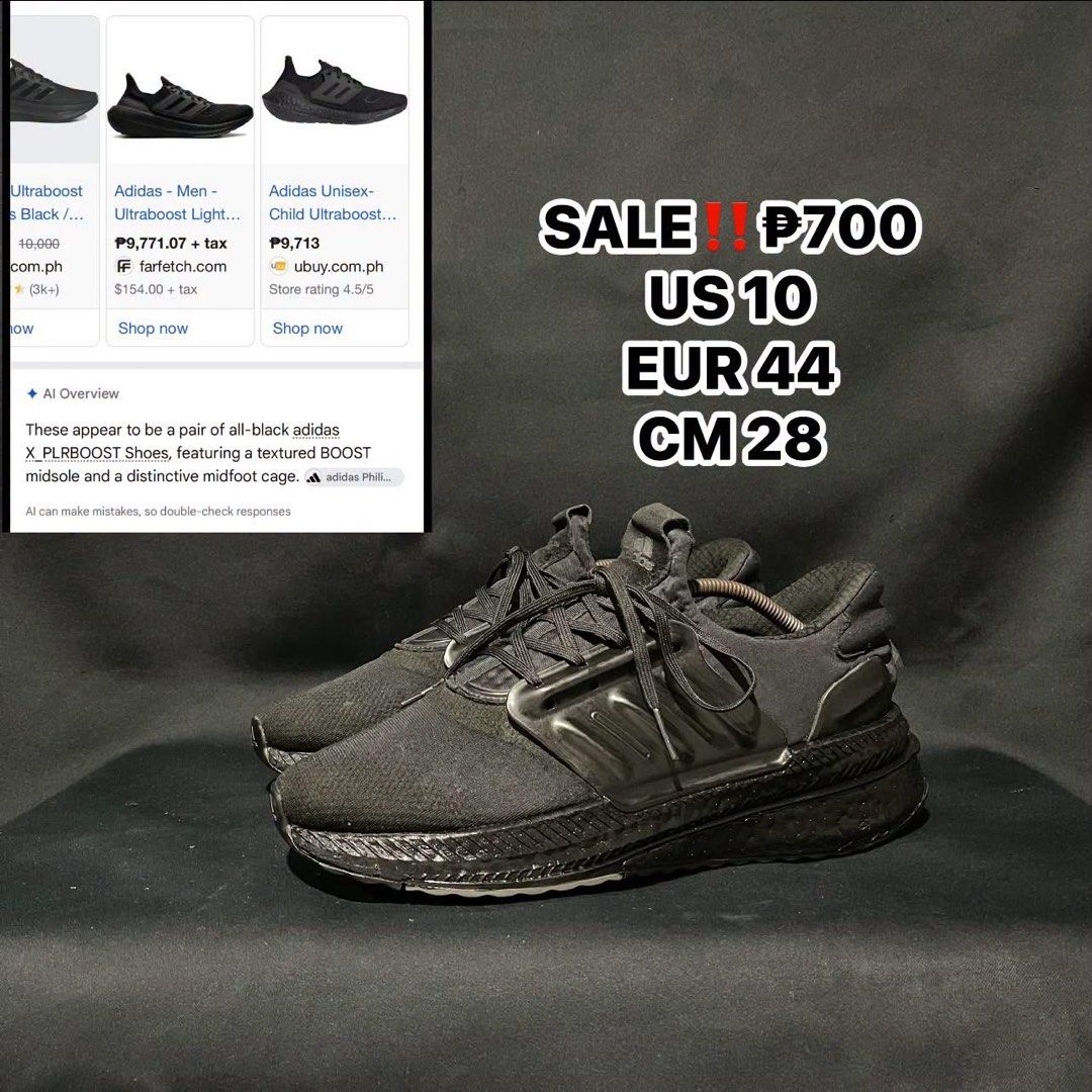 Adidas X_PLRBOOST Black Sneakers US 10 (Category: Sneakers) located in Bulacan. Submitted by ogieeee (Listing ID 1470238154, Image 1). Description: - Model: Adidas X_PLRBOOST - Color: All Black with white Boost cushioning showing underneath - Size: US 10 / EUR 44 / CM 28 - Features: Textured Boost midsole and supportive midfoot cage - Origin: Made in Indonesia - Condition: Clean, comfortable daily sneakers ready to wear.