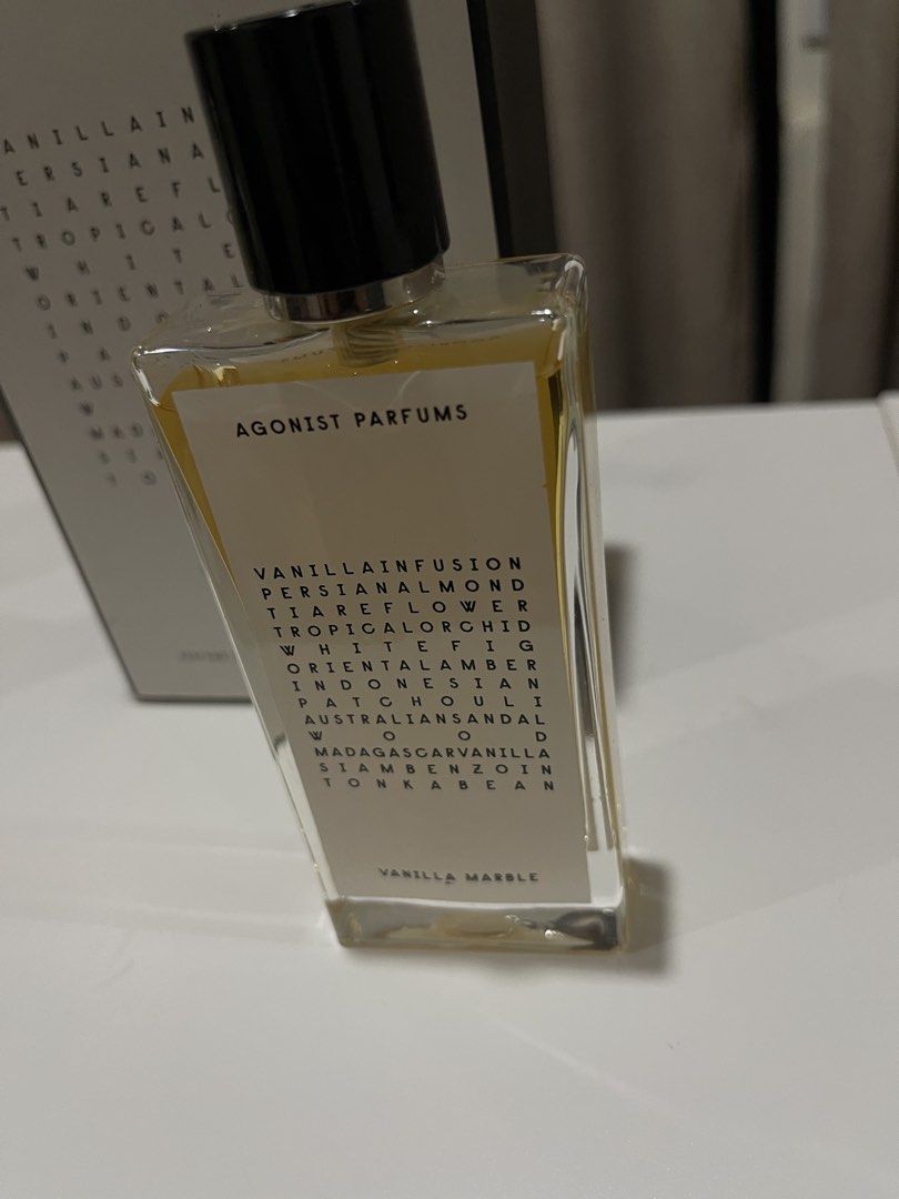 Agonist Parfums Vanilla Marble 50ml (Category: Fragrance & Deodorants) located in Quezon City. Submitted by kirez (Listing ID 1470269923, Image 3). Description: Agonist Parfums Vanilla Marble fragrance. 50ml bottle, 1.7 fluid ounces. Original box included in the background. Vanilla infusion, Persian almond, tiare flower, tropical orchid, white fig, oriental amber, Indonesian patchouli, Australian sandalwood, Madagascar vanilla, Siam benzoin, tonk