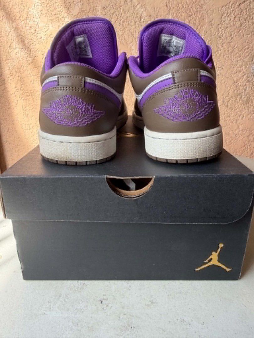 Air Jordan 1 Low Brown Purple (Category: Sneakers) located in Pasig City. Submitted by silentbutterfly (Listing ID 1470345278, Image 1). Description: -👟Model: Air Jordan 1 Low👟 - Colorway: Brown / Purple / White - Size: 10.5 Men's - Condition: Overall clean shape, bottom soles show minor dirt from handling only - Inclusion: Original box with Jordan - 100% Authentic, message for more details or faster transaction 📝 Reason for Selling: Need fund