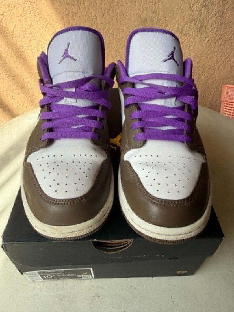 Air Jordan 1 Low Brown Purple (Category: Sneakers) located in Pasig City. Submitted by silentbutterfly (Listing ID 1470345278, Image 3). Description: -👟Model: Air Jordan 1 Low👟 - Colorway: Brown / Purple / White - Size: 10.5 Men's - Condition: Overall clean shape, bottom soles show minor dirt from handling only - Inclusion: Original box with Jordan - 100% Authentic, message for more details or faster transaction 📝 Reason for Selling: Need fund
