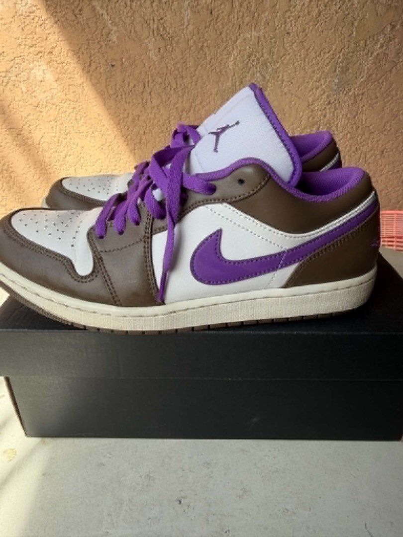 Air Jordan 1 Low Brown Purple (Category: Sneakers) located in Pasig City. Submitted by silentbutterfly (Listing ID 1470345278, Image 2). Description: -👟Model: Air Jordan 1 Low👟 - Colorway: Brown / Purple / White - Size: 10.5 Men's - Condition: Overall clean shape, bottom soles show minor dirt from handling only - Inclusion: Original box with Jordan - 100% Authentic, message for more details or faster transaction 📝 Reason for Selling: Need fund