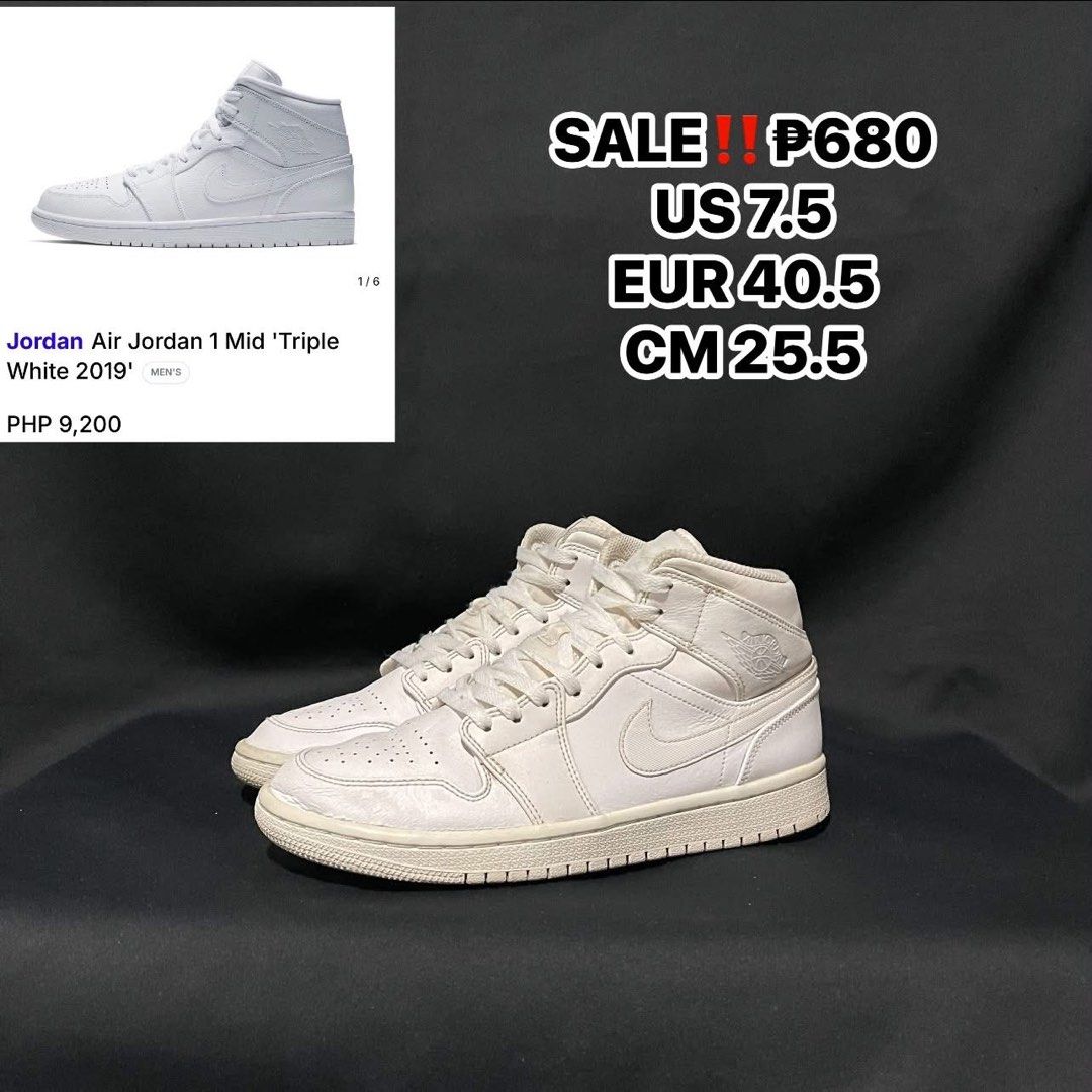 Air Jordan 1 Mid Triple White US 7.5 (Category: Sneakers) located in Bulacan. Submitted by ogieeee (Listing ID 1470230897, Image 1). Description: - Brand/Model: Nike Air Jordan 1 Mid - Colorway: Triple White - Size: US 7.5 / EUR 40.5 / CM 25.5 - Material: Premium leather upper - Condition: Normal signs of wear on soles and light creases on toe box - Features: Classic mid-top silhouette, versatile everyday shoe - Authenticity: Size tag located ins
