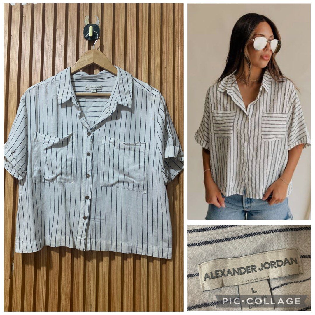Alexander Jordan Striped Button Down Shirt (Category: Tshirts & Polo Shirts ) located in Koronadal. Submitted by girlish1105 (Listing ID 1470346060, Image 1). Description: - Brand: Alexander Jordan - Style: Relaxed fit short-sleeve button-down shirt - Design: Classic white fabric with stylish dark vertical stripes - Features: Collared neckline, front button closure, and dual chest pockets - Size: L - Condition: Excellent, casual everyday essentia
