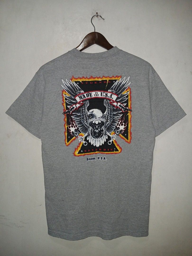Alstyle Apparel Choppers Graphic T-Shirt Gray Medium (Category: Tshirts & Polo Shirts ) located in Manila. Submitted by ninshok (Listing ID 1470279021, Image 3). Description: - Brand/Model: Alstyle Apparel gray graphic tee - Size: Medium (M) - Design: Choppers cross logo on chest; large eagle, motorcycle engine, and 'Legends Never Die Guam, U.S.A.' graphic on back - Material/Origin: Made in El Salvador of U.S. fabric - Condition: Pre-loved with a