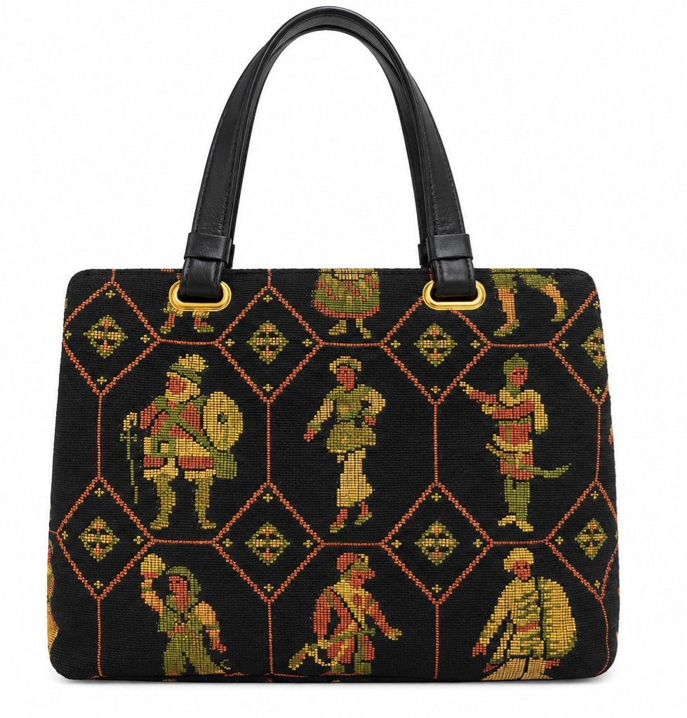 Anice Aria Italy Tapestry Handbag (Category: Purses & Pouches) located in Manila. Submitted by littleclosetfindsmnl (Listing ID 1470172414, Image 1). Description: - Anice Aria Italy Vintage Tapestry Handbag - Black woven fabric with medieval-inspired tapestry pattern - Solid black leather handles and matching brand tag - Gold-tone hardware - Zippered main closure with fabric-lined interior - One exterior back zip pocket and one inner pocket - Pre